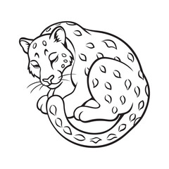 Adorable Sleeping Leopard Curled Up in a Cute Pose Featuring Simple Line Art for Easy Coloring and Vector Design