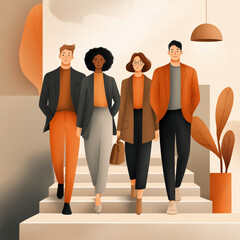 Four people dressed in business attire are walking up a set of stairs. The man on the left is wearing a black jacket and the woman on the right is wearing an orange jacket