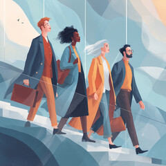 A group of people are walking up a set of stairs, with one person carrying a briefcase. Concept of professionalism and teamwork, as the group of people are dressed in business attire