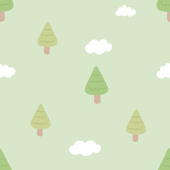 Seamless cute forest pattern with trees and clouds on green background