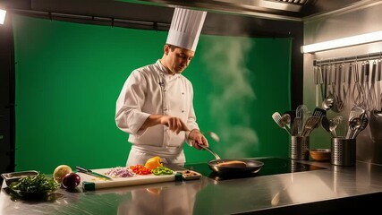 chef cooking food in pan on a green screen studio