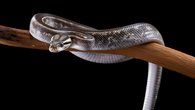 Beautiful Ball Python Snake Coiled on a Branch against Black Background