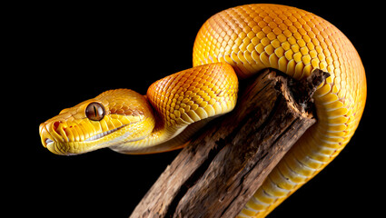 Fototapeta premium Gorgeous Golden Reticulated Python Coiled on a Branch Against a Black Background