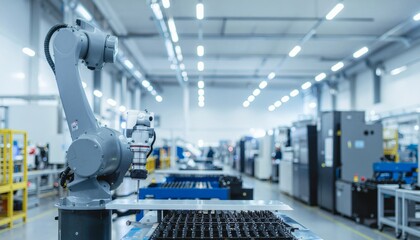 Close-up of a robotic arm working in a high-tech industrial factory. The robotic arm is precision-engineered, assembling parts on a production line.