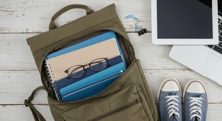 Olive Green Backpack with School Supplies, Laptop, and Sneakers on Wood Surface.