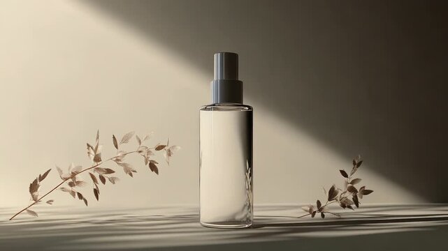 Transparent spray bottle mockup with minimalist beige background and golden branches