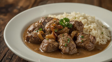 A realistic, appetizing photograph of beef stroganoff made with liver served on a white ceramic plate. Tender pieces of seared beef liver