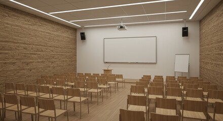 Modern Minimalist Lecture Hall: Wooden Chairs, Blank Whiteboard, and Warm Lighting