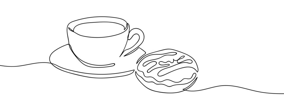 Continuous line hand drawn vector illustration of coffee cup and donut isolated on transparent background. editable stroke.