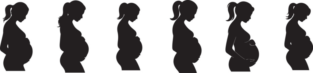 Black silhouette of pregnant woman set isolated on transparent background