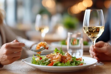 Closeup Gourmet Dining Fresh Shrimp Salad On A Plate At A Restaurant With Wine, Blurred Background Depth Of Field, Perfect For A Refined Meal Experience