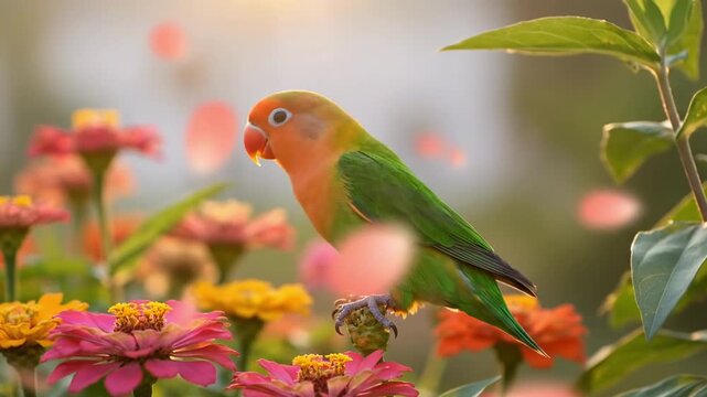 peach faced lovebird - A vibrant lovebird perched on a flower, flapping its wings amidst a colorful garden, surrounded by blooming flowers and soft sunlight filtering through leaves