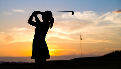 Female Golfer's Elegant Swing Silhouetted Against a Golden Sunset Sky