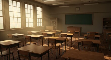 Nostalgic Empty Classroom Bathed in Golden Sunlight, Dust Motes Dancing in Warm Rays
