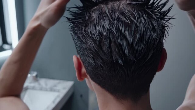 Man styling wet hair in front of bathroom mirror, applying hair product and carefully checking styling result with confident, precise movements