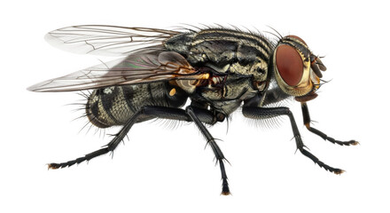 Closeup of a housefly isolated on transparent background showing intricate details