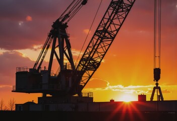 Tower crane assisting in structural steel erection at sunset