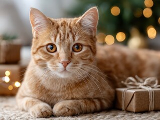 Cozy Holiday Cat Portrait Expressive Ginger Tabby With Orange Fur, Twine Gifts, And Bokeh Background, Creating Depth And Festive Cheer For Christmas