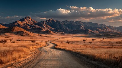 Fototapeta premium Serene Namibian Landscape: A Winding Road Through Golden Grasslands