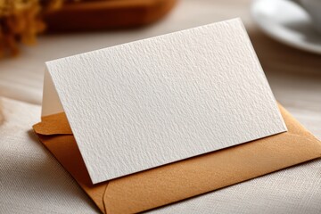 Elegant Blank Card Mockup High-end White Paper On Warm Brown Envelope With Soft Background, Earthy Tones, And Textured Details For Design Or Message