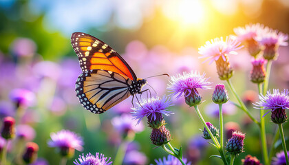 Fototapeta premium A Monarch's Gentle Pause on a Purple Thistle in Golden Light