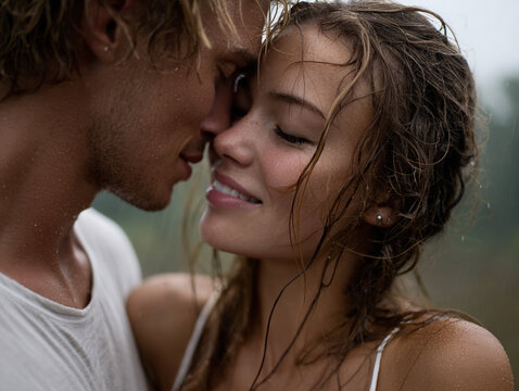 Two lovers spinning during a passionate kiss in rainstorm