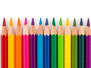 Colourful wooden colored pencils isolated with copy space. Spectrum coloring equipment flat lay on white background. Top view of creative art stationery.