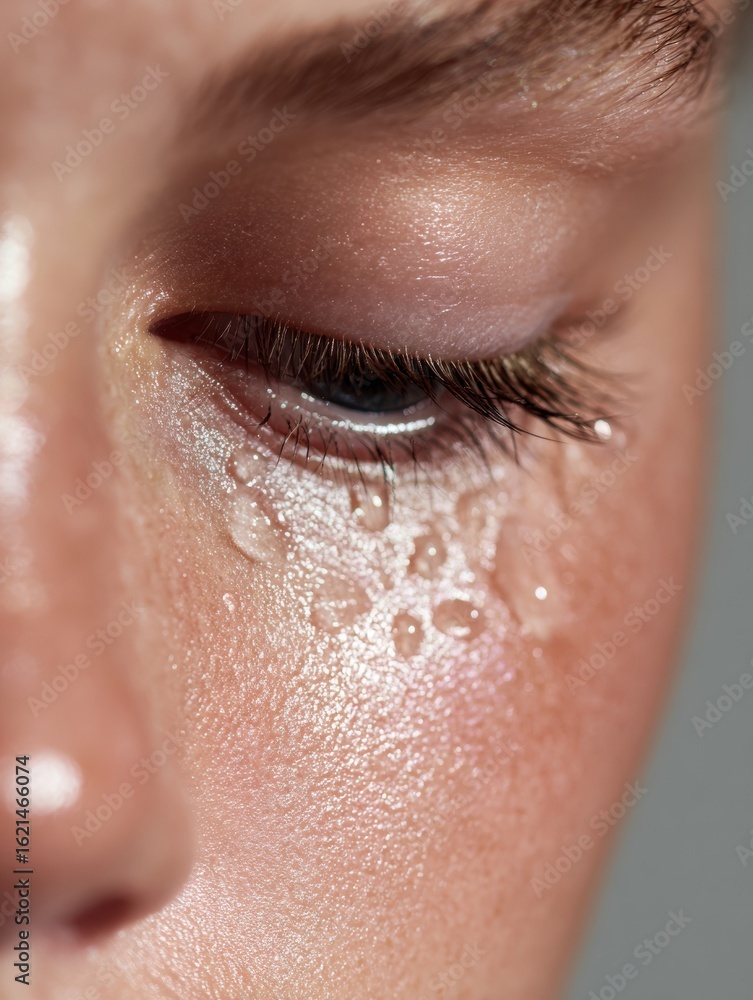 Poster Droplets Roll Down a Forehead, Showcasing Contrast Between Matte and Gloss Against a Subtle Backdrop in an Intimate Moment of Tranquility