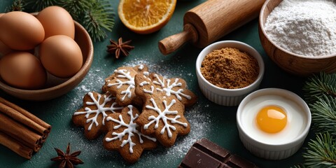 Festive Holiday Baking Scene Bowl Of Brown Eggs Gluten Free Goodies With Cinnamon Winter Spices, Featuring Snowflake Cookies Seasonal Yolk For Cozy Baking