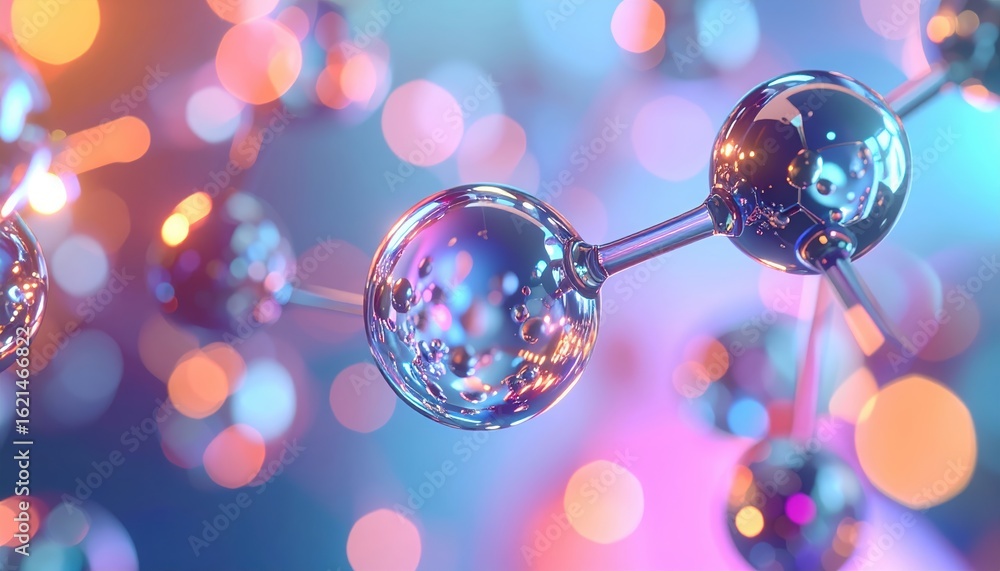 Poster close-up of a detailed molecular structure model with reflective spheres connected by rods, illumina
