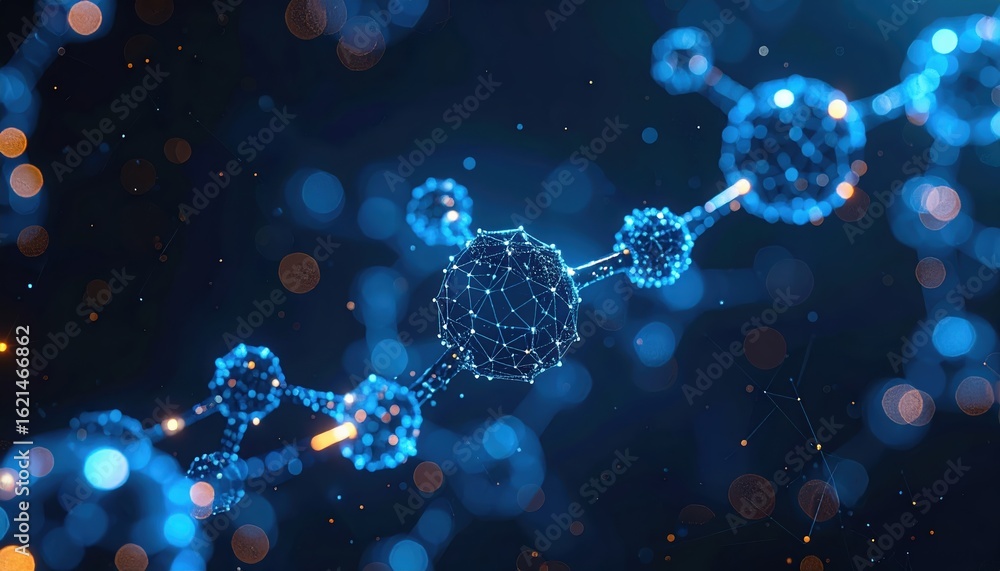 Poster abstract molecular structure and interconnected atoms glowing with blue light in deep space inspired