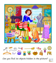 Can you find 16 objects hidden in the picture? Logic puzzle for smartest. Search and find game. Drawing of a seamstress at work. Page for kids brain teaser book. Hand drawn vector illustration.