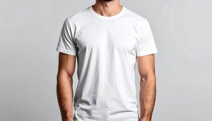 Man Wea Plain White T-Shirt Standing Against Light Gray Background with Arms Relaxed at Sides Casual Clothing Simple Fashion Male Model