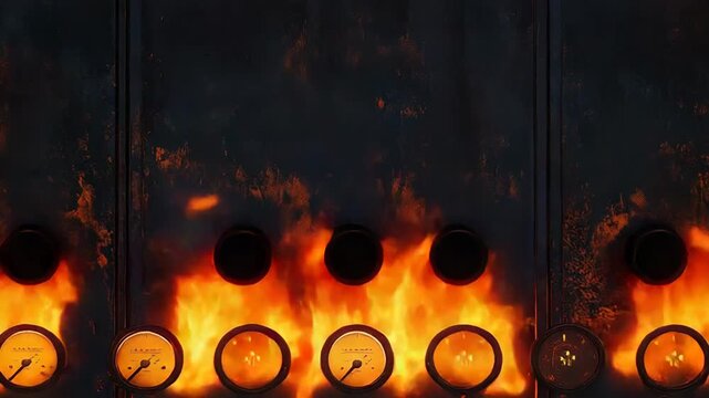 Burning industrial control panel with temperature gauges showing maximum level