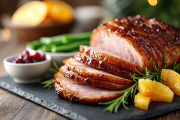 Succulent Conan Ham, A Rich, Caramelized Crust Baked To Perfection, Showcased In A Closeup Food Shot With Vibrant Green Rosemary, Inviting A Delicious Holiday Meal