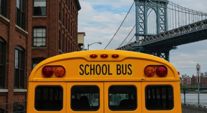 Classic Yellow School Bus Rear View with Manhattan Bridge and Brooklyn Brick Building