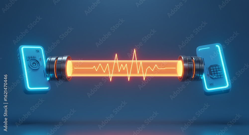 Poster digital transmission: a futuristic digital rendering of two mobile devices connected by a glowing da