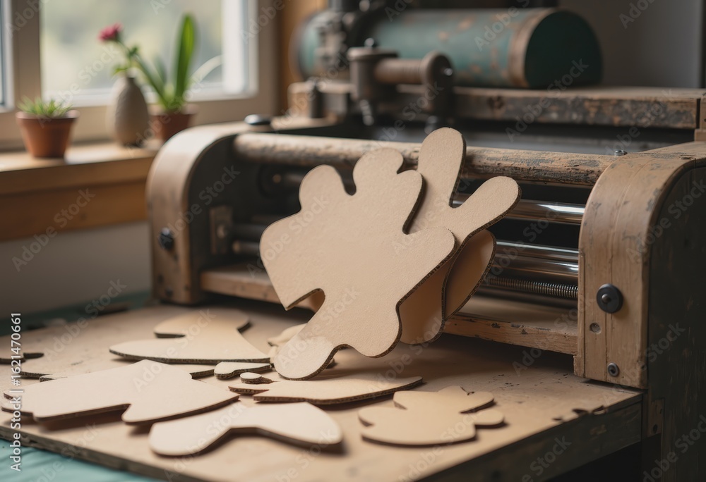 Poster rotary die cutter producing custom cardboard shapes in a workshop setting