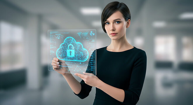 Secured Cloud: A business person confidently displays a holographic cloud interface, symbolizing data security and digital protection in a professional environment.