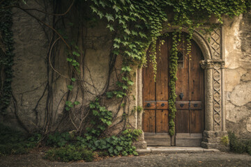Fototapeta premium Old Rustic Wooden Door Covered with Green Ivy Vines on Textured Stone Wall in Soft Daylight