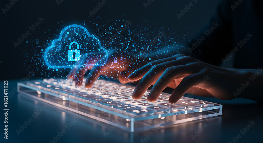 Poster secure digital realm: hands type on a glowing keyboard as a digital cloud icon with a padlock above 