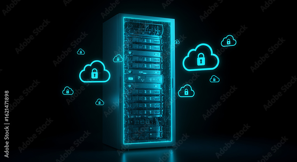 Aufkleber digital fortress: a cutting-edge data server, rendered with sleek neon lights, stands as a secure sa