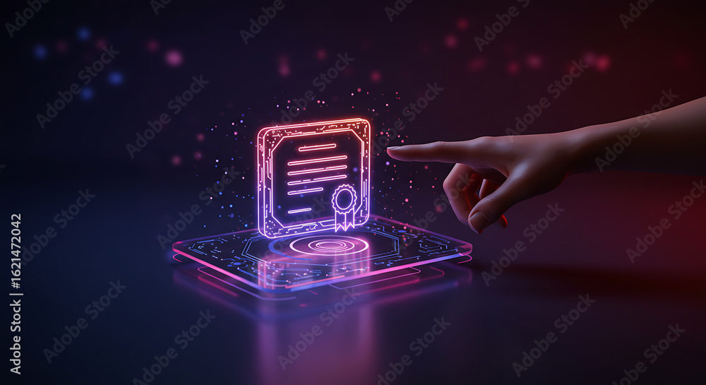Poster digital agreement : a digital representation of a legal document, illuminated by an array of vibrant