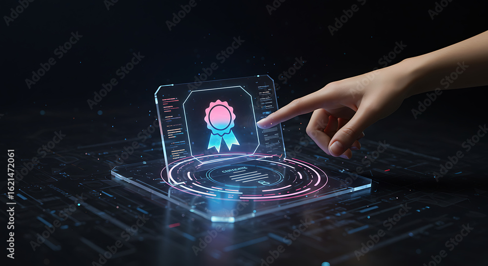 Poster digital excellence: a hand interacts with a futuristic digital interface displaying a badge of achie