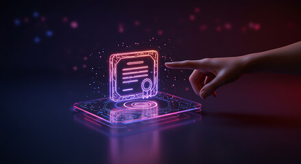 Digital Agreement : a digital representation of a legal document, illuminated by an array of vibrant neon lights, floats above a reflective surface, as a finger, symbolizing interaction and agreement.