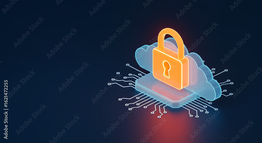Poster digital fortress: a graphic illustration of a lock over a cloud symbolizing data security on a circu