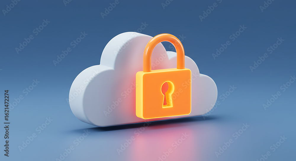 Poster secured cloud computing: illustrative rendering of a cloud symbol paired with an orange padlock, sym