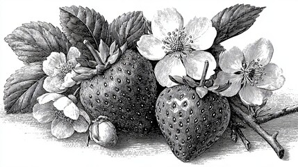 Vintage Strawberry and Blossom Botanical Illustration