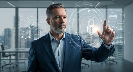 Cyber Security Executive: A confident executive in a modern office setting, interacting with an augmented reality interface depicting cybersecurity measures and data protection.