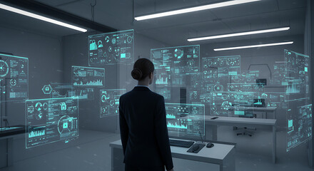 Data analyst at futuristic Command Center: A focused analyst surveys a complex digital landscape of data and graphics in a futuristic command center.